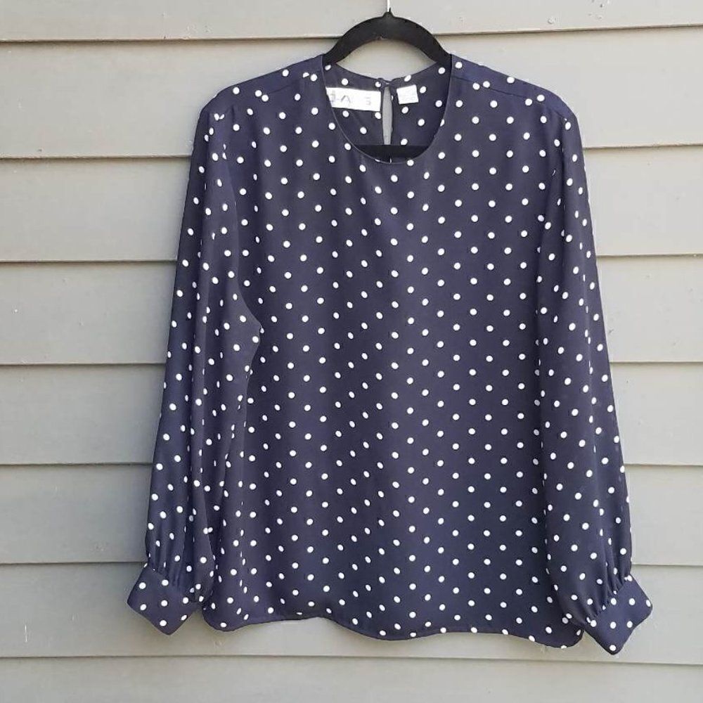 Chaus Navy/White Polka Dot Long Sleeve Blouse Size 12